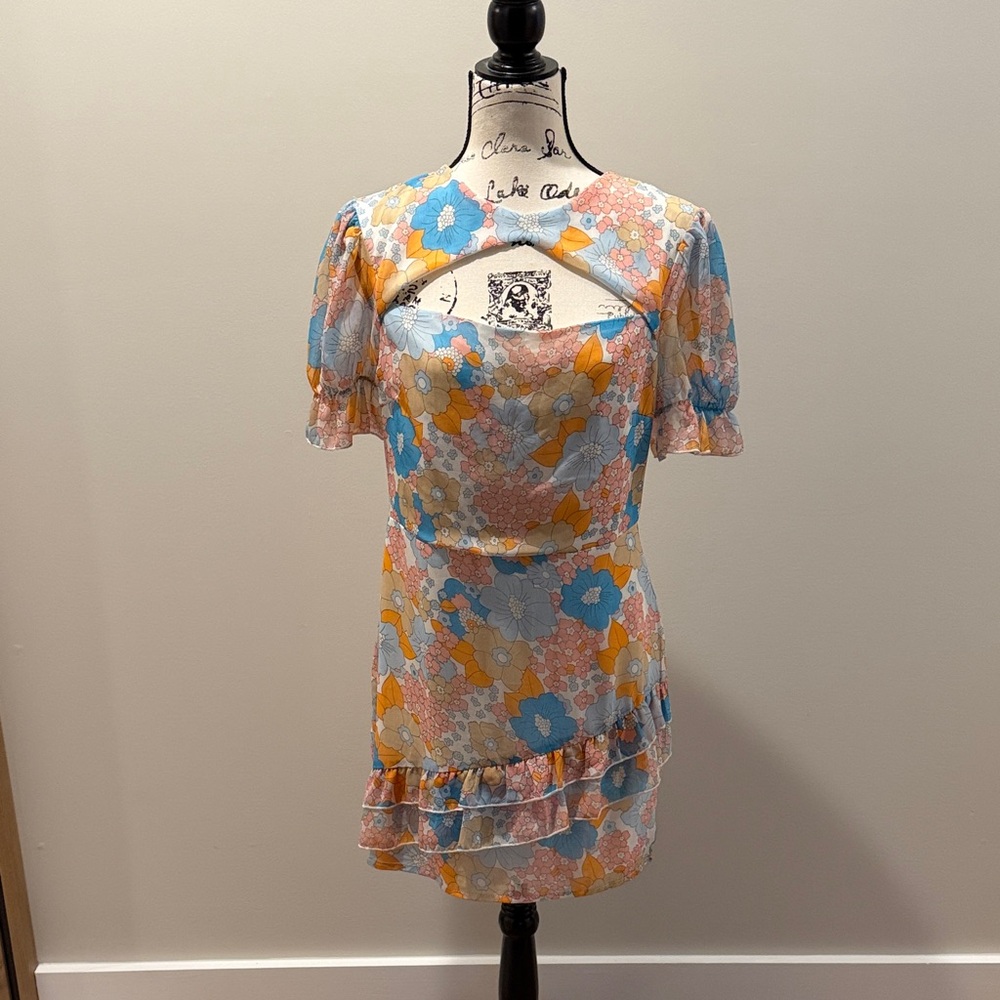 Floral Cutout Mini Dress in Blue and Orange